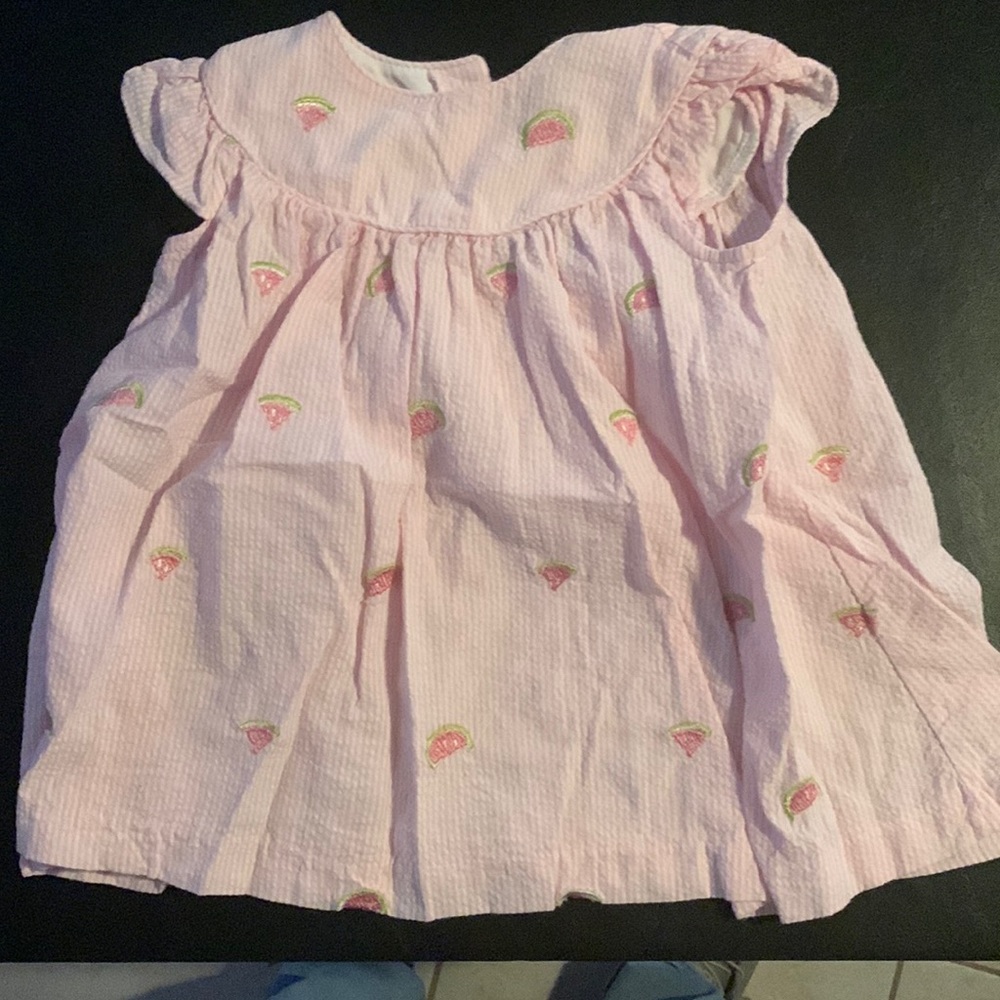 Pink seer sucker dress with watermelons
